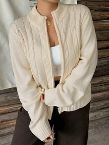 Dazy Plus Sweater Kardigan Rajut Kasual Longgar Warna Polos Ukuran Besar dengan Resleting, Atasan Lengan Panjang Musim Gugur/Dingin - Aprikot - View 9