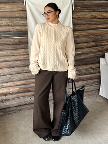 Dazy Plus Sweater Kardigan Rajut Kasual Longgar Warna Polos Ukuran Besar dengan Resleting, Atasan Lengan Panjang Musim Gugur/Dingin - Aprikot - View 6