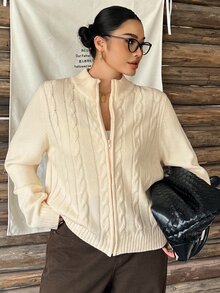 Dazy Plus Sweater Kardigan Rajut Kasual Longgar Warna Polos Ukuran Besar dengan Resleting, Atasan Lengan Panjang Musim Gugur/Dingin - Aprikot - View 7