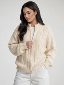 Dazy Plus Sweater Kardigan Rajut Kasual Longgar Warna Polos Ukuran Besar dengan Resleting, Atasan Lengan Panjang Musim Gugur/Dingin - Aprikot - View 15