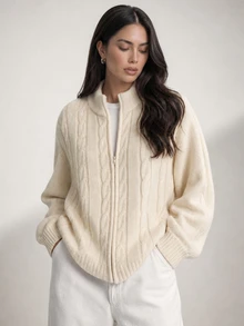 Dazy Plus Sweater Kardigan Rajut Kasual Longgar Warna Polos Ukuran Besar dengan Resleting, Atasan Lengan Panjang Musim Gugur/Dingin - Aprikot - View 14