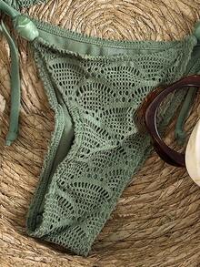 SHEIN Swim 女款提花布料串珠掛脖綁帶比基尼套裝，春夏秋海灘派對度假綠色熱帶性感泳衣 - 軍綠色 - 查看 5