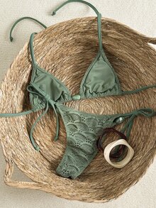 SHEIN Swim 女款提花布料串珠掛脖綁帶比基尼套裝，春夏秋海灘派對度假綠色熱帶性感泳衣 - 軍綠色 - 查看 2