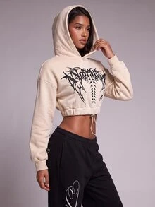Nooralise Fashion Street Sporty Gothic Letter Graphic Element Cropped Sweatshirt - Apricot - View 1