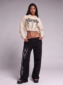 Nooralise Fashion Street Sporty Gothic Letter Graphic Element Cropped Sweatshirt - Apricot - View 6