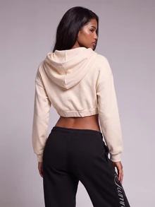 Nooralise Fashion Street Sporty Gothic Letter Graphic Element Cropped Sweatshirt - Apricot - View 2