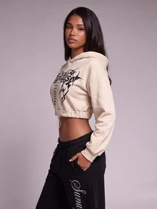 Nooralise Fashion Street Sporty Gothic Letter Graphic Element Cropped Sweatshirt - Apricot - View 4
