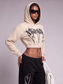 Nooralise Fashion Street Sporty Gothic Letter Graphic Element Cropped Sweatshirt - Apricot - View 5