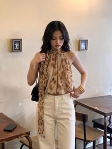Travachic 女款度假全印花抓皺掛脖上衣 波希米亞風 性感休閒優雅 夏季穿搭 夜店約會米色 - 彩色 - 查看 2