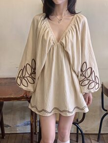 Travachic 刺繡對比色女款洋裝 米色 波西米亞熱帶風 花卉休閒鄉村風 海灘度假 秋季 - 米色 - 查看 4