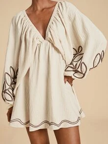 Travachic 刺繡對比色女款洋裝 米色 波西米亞熱帶風 花卉休閒鄉村風 海灘度假 秋季 - 米色 - 查看 5