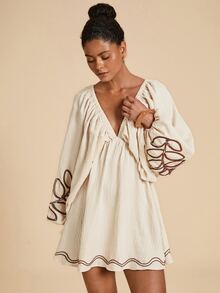 Travachic 刺繡對比色女款洋裝 米色 波西米亞熱帶風 花卉休閒鄉村風 海灘度假 秋季 - 米色 - 查看 7