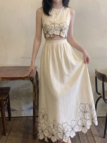 Travachic Set 2 Potong Atasan Tank Pendek Bordir dan Rok Midi Kasual untuk Wanita - Aprikot - View 3
