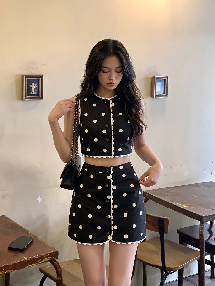 Travachic Set 2 Potong Atasan Tanpa Lengan Berhiaskan Renda Elegan dan Rok Motif Polkadot - Hitam - View 1