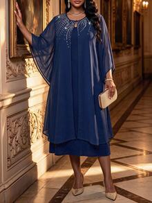 Fleurora Plus Size Elegant Party Cover-Up Dress Blue 2 Pieces Set Fashionable Set Social Set Halloween - Navy Blue - View 4