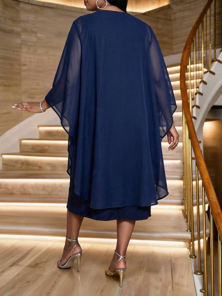 Fleurora Plus Size Elegant Party Cover-Up Dress Blue 2 Pieces Set Fashionable Set Social Set Halloween - Navy Blue - View 2