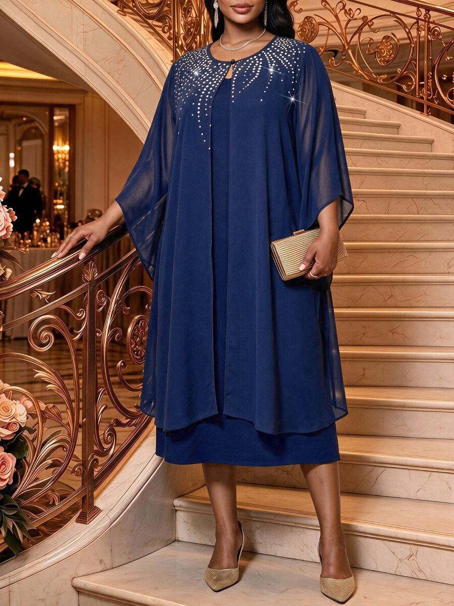 Fleurora Plus Size Elegant Party Cover-Up Dress Blue 2 Pieces Set Fashionable Set Social Set Halloween - Navy Blue - View 1