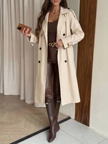 SHEIN Clasi 女款雙排扣收腰繫帶前襟簡約休閒優雅風衣 米色 秋季 辦公商務 - 卡其色 - 查看 1