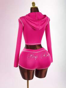 Bumpella 2pcs Women Rhinestone Letter Zip-Up Hoodie Crop Top And Mini Shorts Set Y2k Two Piece Set Pink Two Piece Set - Pink - View 9