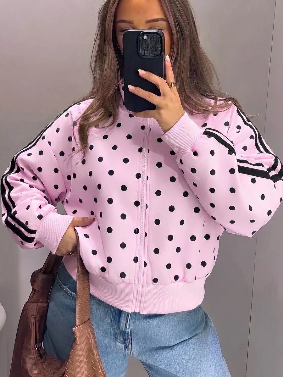 Aloruh Women's New Polka Dot Striped Stand Collar Zip-Up Regular Jacket With Pockets, Suitable For Going Out, Streetwear, Daily Wear, Sports Jacket, Early Fall Outfits - Pink - View 1