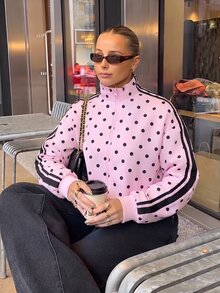 Aloruh Women's New Polka Dot Striped Stand Collar Zip-Up Regular Jacket With Pockets, Suitable For Going Out, Streetwear, Daily Wear, Sports Jacket, Early Fall Outfits - Pink - View 3