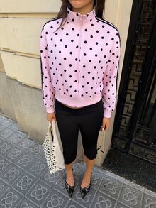 Aloruh Women's New Polka Dot Striped Stand Collar Zip-Up Regular Jacket With Pockets, Suitable For Going Out, Streetwear, Daily Wear, Sports Jacket, Early Fall Outfits - Pink - View 5