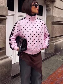 Aloruh Women's New Polka Dot Striped Stand Collar Zip-Up Regular Jacket With Pockets, Suitable For Going Out, Streetwear, Daily Wear, Sports Jacket, Early Fall Outfits - Pink - View 4