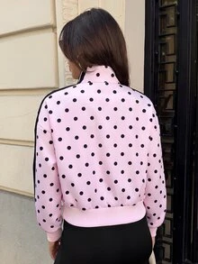 Aloruh Women's New Polka Dot Striped Stand Collar Zip-Up Regular Jacket With Pockets, Suitable For Going Out, Streetwear, Daily Wear, Sports Jacket, Early Fall Outfits - Pink - View 2