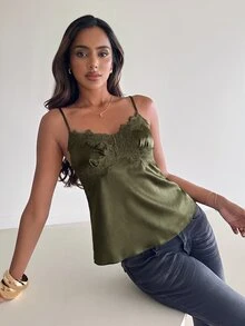 Aloruh 女款優雅性感蕾絲拼接緞面背心 - 軍綠色 - 查看 6