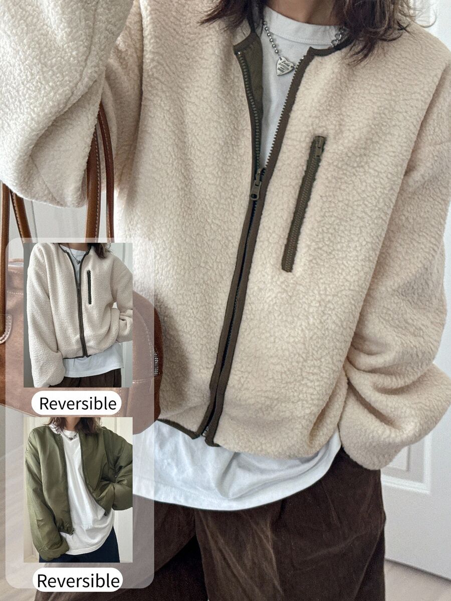 FRIFUL Women's Dropped Shoulder Long Sleeve Zipper Front Casual Regular Fit Jacket - Apricot - View 1