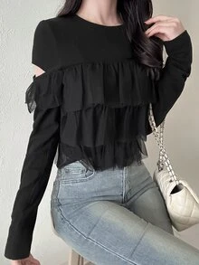FRIFUL Women's Solid Color Patchwork Multi-Layer Mesh Ruffle Long Sleeve T-Shirt - Black - View 7