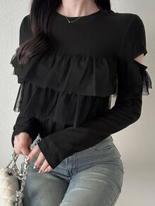 FRIFUL Women's Solid Color Patchwork Multi-Layer Mesh Ruffle Long Sleeve T-Shirt - Black - View 1