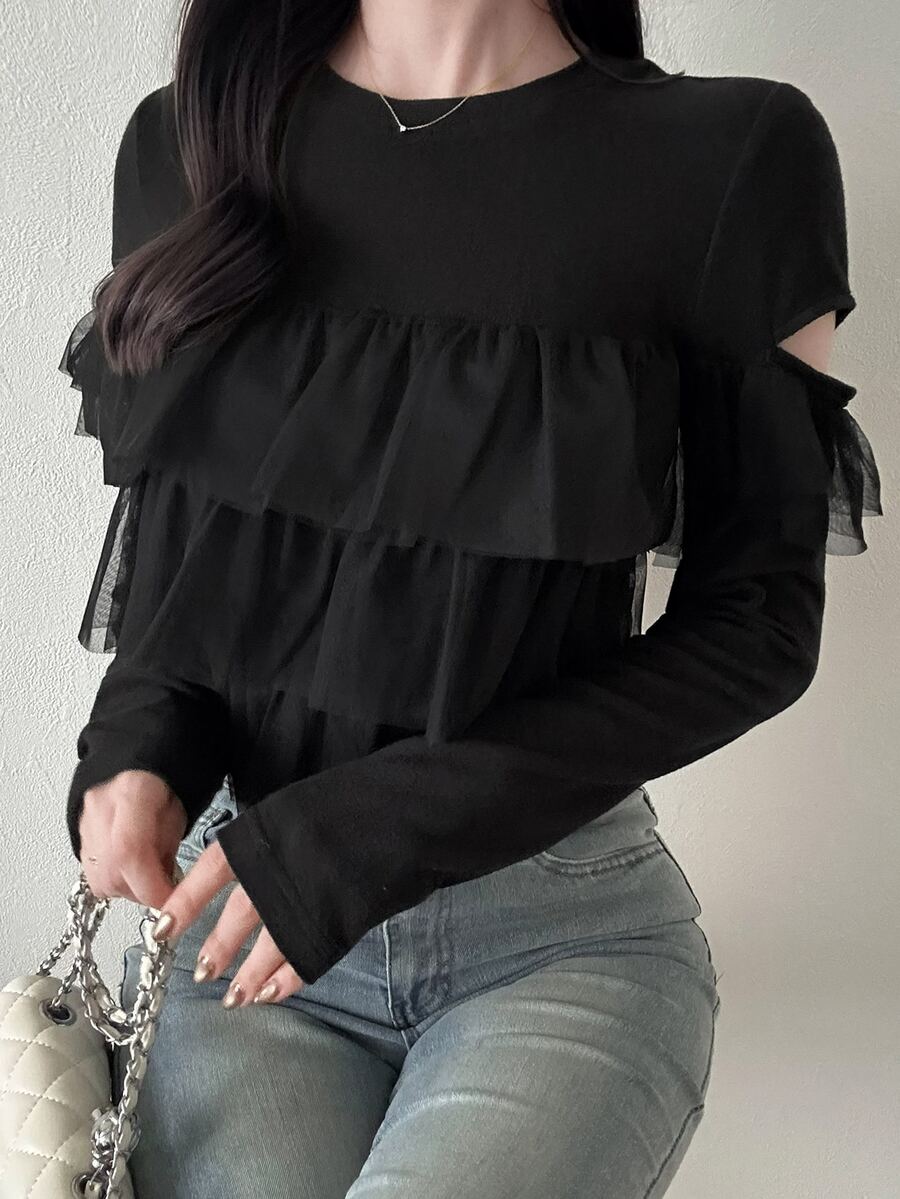 FRIFUL Women's Solid Color Patchwork Multi-Layer Mesh Ruffle Long Sleeve T-Shirt - Black - View 1