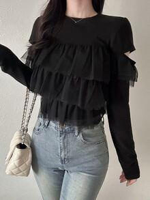 FRIFUL Women's Solid Color Patchwork Multi-Layer Mesh Ruffle Long Sleeve T-Shirt - Black - View 4