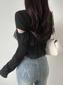 FRIFUL Women's Solid Color Patchwork Multi-Layer Mesh Ruffle Long Sleeve T-Shirt - Black - View 2