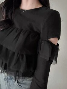 FRIFUL Women's Solid Color Patchwork Multi-Layer Mesh Ruffle Long Sleeve T-Shirt - Black - View 6