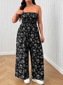 SHEIN EZwear Plus Size Women Skull Print Casual Everyday JumpsuitHalloween Costume - Black - View 8