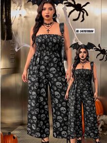 SHEIN EZwear Plus Size Women Skull Print Casual Everyday JumpsuitHalloween Costume - Black - View 9