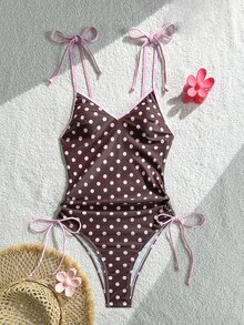 Bonvoyette Swim Mod-D 女士波点随机印花细肩带系带连体泳衣，春夏款 - 彩色 - 查看 3