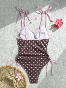 Bonvoyette Swim Mod-D 女士波点随机印花细肩带系带连体泳衣，春夏款 - 彩色 - 查看 2