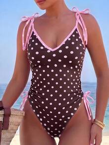 Bonvoyette Swim Mod-D 女士波点随机印花细肩带系带连体泳衣，春夏款 - 彩色 - 查看 1