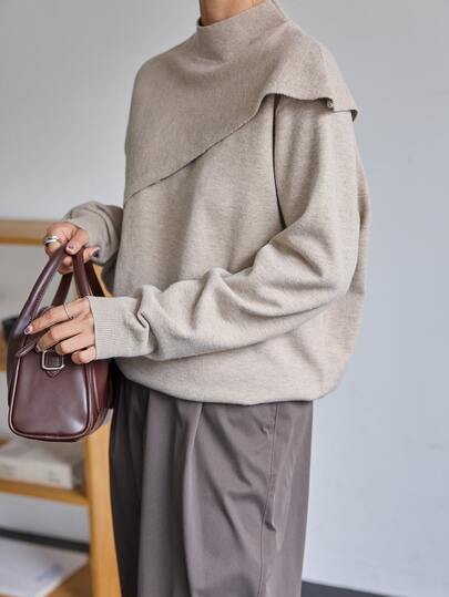 Dazy-Less Women's Round Neck Long Sleeve Camel Solid Color Loose Ribbed Knit Casual Versatile Sweater Business Casual Woman