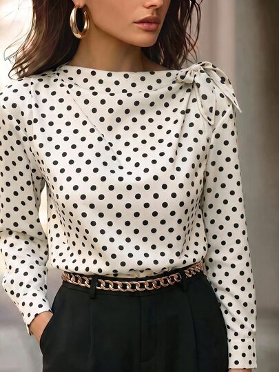 Editum Blusa elegante francesa de manga larga con nudo en el hombro y estampado de lunares blanco y negro para mujer, oficina, otoño