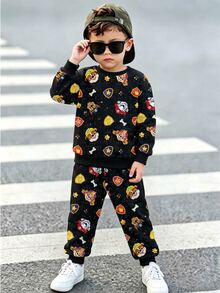 SHEIN | PAW Patrol 2pcs Set Young Boy Crew Neck Cartoon Badge Bone Print Sweatshirt & Jogger Pants, Spring/Autumn Casual Wear - Black - View 6