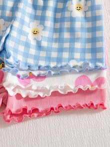SHEIN Playful Pals 幼兒女嬰女童多用途甜美可愛細肩帶背心短褲2件套 夏季服裝 小女孩家庭里程碑 粉色 藍色與白色 莊重 - 彩色 - 查看 3