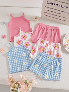 SHEIN Playful Pals 幼兒女嬰女童多用途甜美可愛細肩帶背心短褲2件套 夏季服裝 小女孩家庭里程碑 粉色 藍色與白色 莊重 - 彩色 - 查看 2