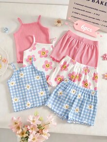 SHEIN Playful Pals 幼兒女嬰女童多用途甜美可愛細肩帶背心短褲2件套 夏季服裝 小女孩家庭里程碑 粉色 藍色與白色 莊重 - 彩色 - 查看 1