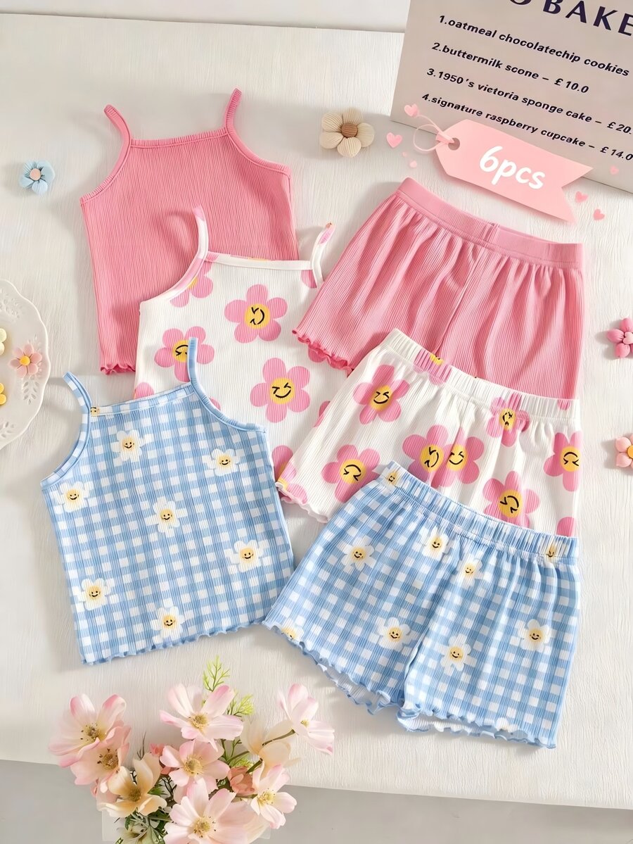 SHEIN Playful Pals 幼兒女嬰女童多用途甜美可愛細肩帶背心短褲2件套 夏季服裝 小女孩家庭里程碑 粉色 藍色與白色 莊重 - 彩色 - 查看 1