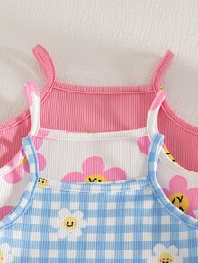 SHEIN Playful Pals 幼兒女嬰女童多用途甜美可愛細肩帶背心短褲2件套 夏季服裝 小女孩家庭里程碑 粉色 藍色與白色 莊重 - 彩色 - 查看 5