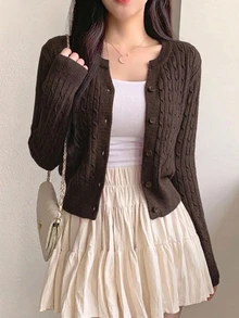 DAZY 女款休閒麻花編織開襟羊毛衫，秋冬款 - 棕色 - 查看 5